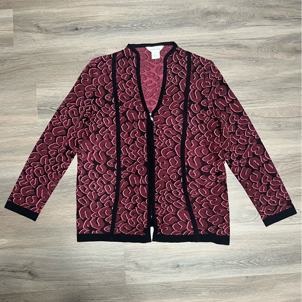 Misook Medium Cardigan Pink Black Cheetah Print Full Zip Knit Stretch Acrylic